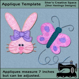 May include: Applique template with a pink bunny and butterfly design. The appliques measure 7 inches but can be adjusted. Sher's Creative Space (Sher Hastings Designs).