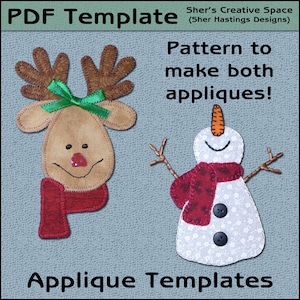 May include: PDF template for making two applique ornaments: a reindeer with a green bow and a snowman with a red scarf. The text "Sher's Creative Space (Sher Hastings Designs)" and "Pattern to make both appliques!" is at the top of the image. The text "Applique Templates" is at the bottom of the image.