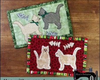 PDF Pattern for Cookie Cutter Cats Mug Rug, Christmas Mug Rug Pattern, Cat Mini Quilt Pattern, Cat Mug Rug - Sewing Pattern,  Tutorial, DIY