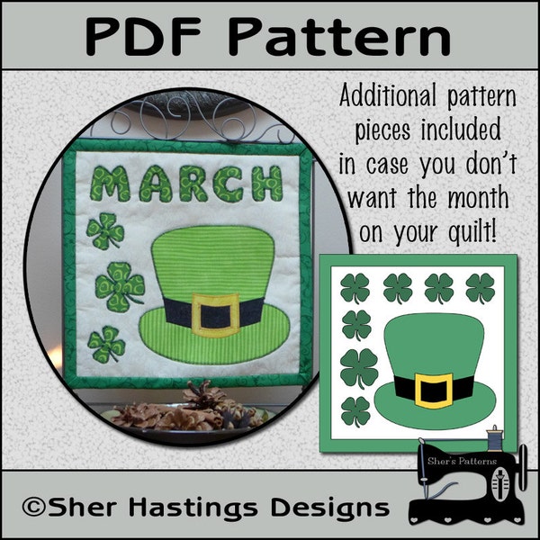 PDF Pattern for March Quilt Block of the Month, Applique Quilt Pattern, St. Patrick's Day Quilt - Sewing Pattern, Tutorial, DIY