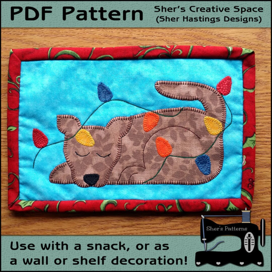 PDF Pattern for Dog & Lights Mug Rug, Christmas Mug Rug Pattern, Dog