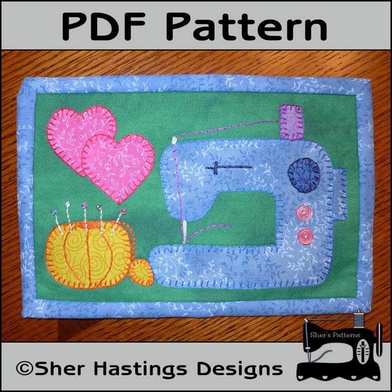 PDF Pattern for Sewing Machine Mug Rug, Sewing Machine Mini Quilt Pattern, Sewing Machine Applique Pattern Sewing Pattern, Tutorial, DIY image 1