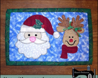 PDF Pattern for Santa & Reindeer Mug Rug, Christmas Mug Rug Pattern, Santa Mini Quilt Pattern, Santa Applique Sewing Pattern, Tutorial, DIY