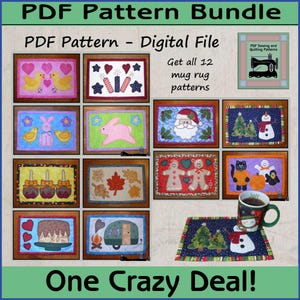 PDF Pattern for Holiday Mug Rug Bundle, Halloween Mug Rug, Christmas Mug Rug Pattern, Christmas Applique Templates - Sewing Pattern, DIY