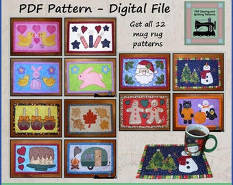 PDF Pattern for Holiday Mug Rug Bundle, Halloween Mug Rug, Christmas Mug Rug Pattern, Christmas Applique Templates - Sewing Pattern, DIY