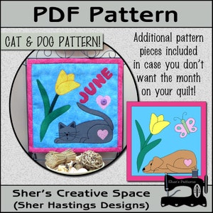 PDF Pattern for June Quilt Block of the Month, Dog Applique Quilt Pattern, Cat Quilt, Cat applique Sewing Pattern, Tutorial, DIY