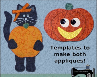 Plantillas de apliques de gato y calabaza - Patrón de apliques de Halloween, Patrón de costura de gato, Plantilla de aplique de gato negro - Patrón PDF, BRICOLAJE