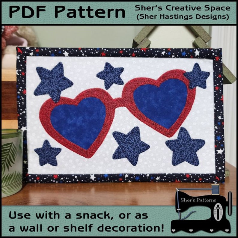 PDF Pattern for Patriotic Mug Rug, Sunglasses Mug Rug Pattern, Patriotic Mini Quilt, Patriotic Applique Sewing Pattern, Tutorial image 1