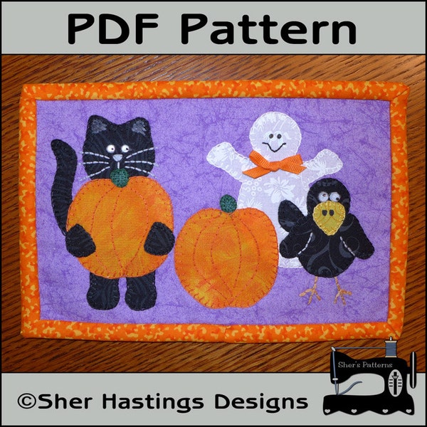 PDF Pattern for Halloween Friends Mug Rug, Halloween Mug Rug Pattern, Halloween Mini Quilt Pattern, Halloween Sewing Pattern, Tutorial, DIY