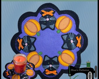 PDF Pattern for Pumpkin & Cat Candle Mat, Halloween Candle Mat, Felt Sewing Pattern, Halloween Sewing Pattern