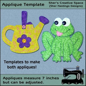 Garden Applique Templates - Frog Applique Pattern - Watering Can Applique Template - Garden Sewing Pattern, Frog Sewing Pattern, PDF Pattern