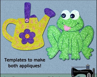 Garden Applique Templates - Frog Applique Pattern - Watering Can Applique Template - Garden Sewing Pattern, Frog Sewing Pattern, PDF Pattern
