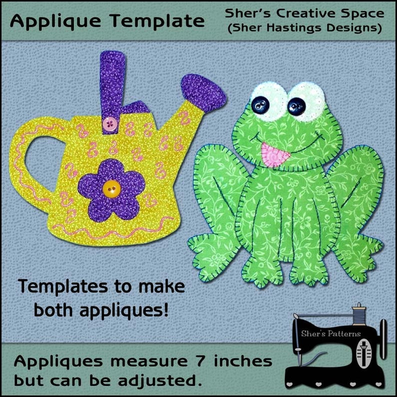 Garden Applique Templates Frog Applique Pattern Watering Can Applique Template Garden Sewing Pattern, Frog Sewing Pattern, PDF Pattern image 1