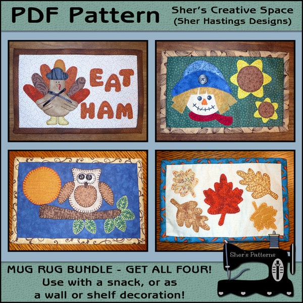 PDF Pattern for Fall Mug Rug Bundle, Autumn Pattern Bundle, Mug Rug Pattern, Fall Applique Templates, Sewing Pattern, Tutorial, DIY