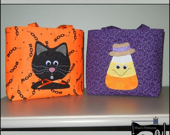 PDF Pattern for Halloween Trick or Treat Bags, Tote Bag, Halloween Bag, Cat Bag, Halloween Applique Sewing Pattern, Tutorial, DIY