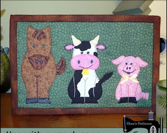 Patrón PDF para alfombra de taza de animales de granja, patrón de alfombra de taza de caballo, caballo, vaca, cerdo mini patrón de edredón - patrón de costura de apliques de caballo, bricolaje