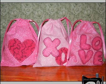 Patrón PDF para bolsas de regalo de San Valentín, patrón de bolsa de regalo de San Valentín, patrón de favor de San Valentín, patrón de costura de apliques de San Valentín, tutorial, bricolaje