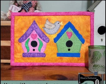 Patrón PDF para alfombra de taza Birdhouse, patrón de alfombra de taza de jardín, alfombra de taza de verano, aplique de pájaro, aplique de pajarera, bricolaje
