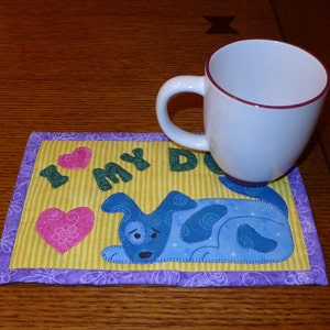 PDF Pattern for Dog Mug Rug, Love My Dog Mug Rug Pattern, Dog Applique ...