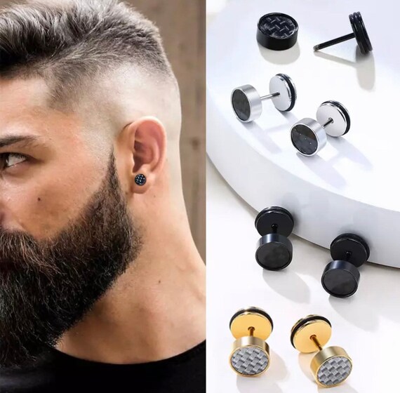Men Stud Earring Round Carbon Fiber Silver Stud Etsy