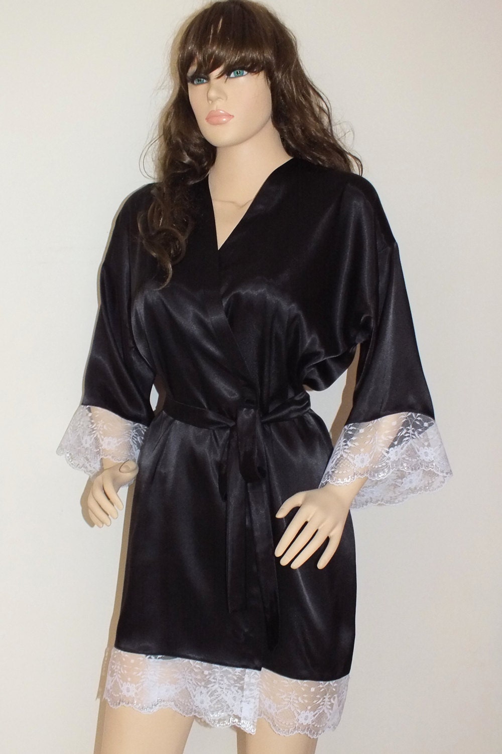 Black-gray-silver Robe With Lace Bridal Robeplus Size Robe - Etsy