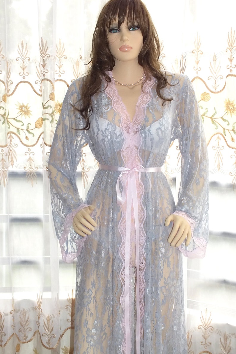 Silver Long Lace Robe Romantic Robe Bridal Robe Wedding Etsy