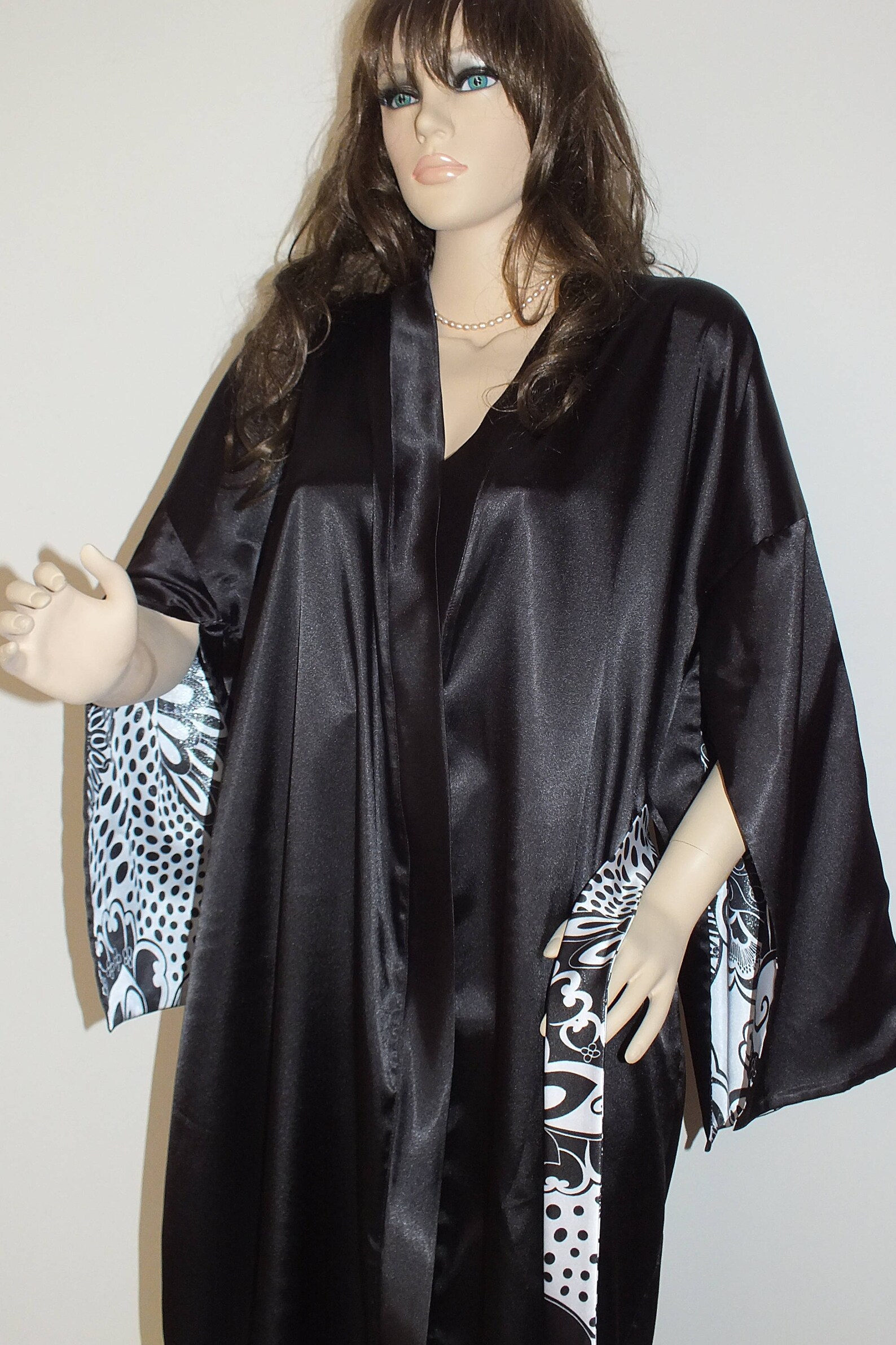 Long charmeuse robe . BlackWhite robe. 53Floor length Etsy