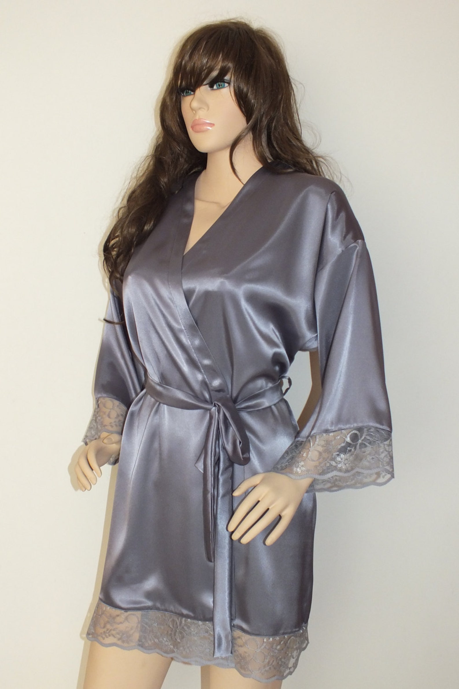 Black-gray-silver Robe With Lace Bridal Robeplus Size Robe - Etsy