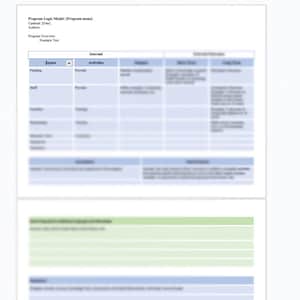 May include: A program logic model template with headings for inputs, activities, outputs, outcomes, and overall results. The template is designed to help program planners and evaluators understand the relationships between program resources, activities, and outcomes.