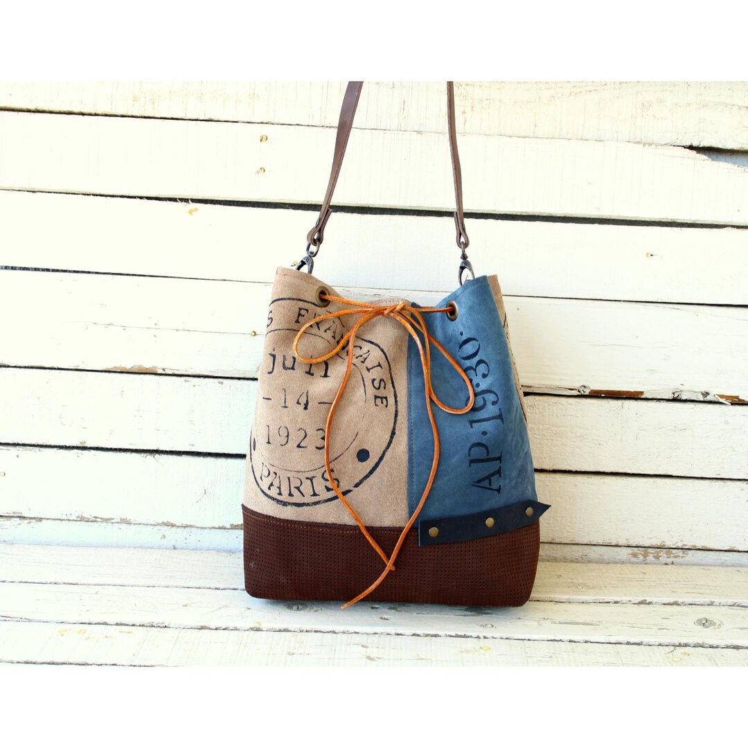 Blue and Brown Leather Women Shoulder Bag, Genuine Suede Leather Bucket