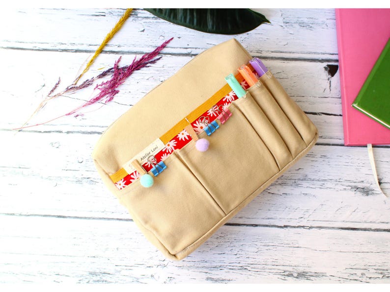 A5 Planner Pouch Organizer, Beige Canvas Journal Case, Zippered Planner Bag with Pockets image 2