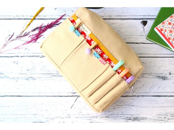 A5 Planner Pouch Organizer, Beige Canvas Journal Case, Zippered Planner Bag with Pockets