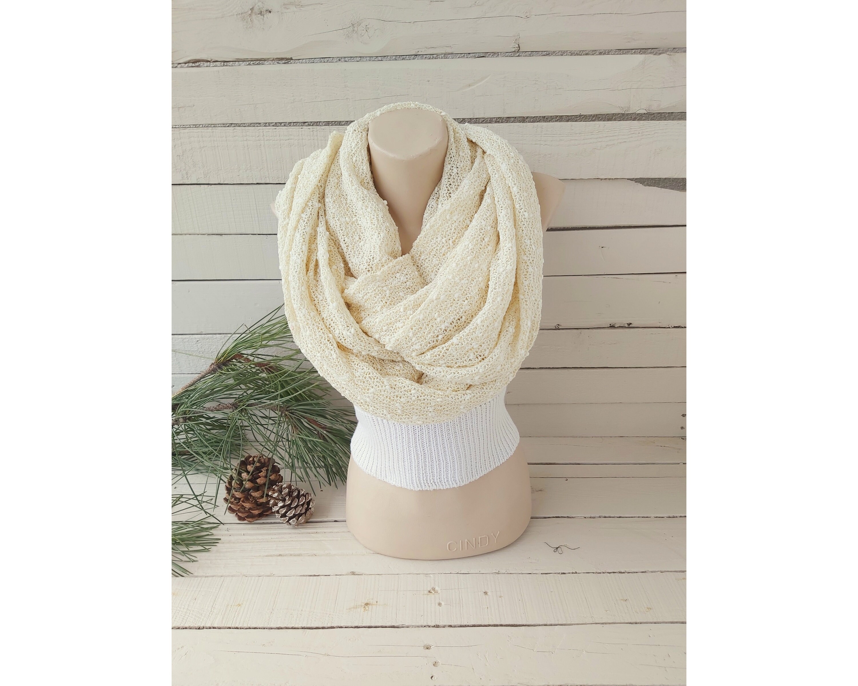 White Tricot Infinity Scarf Woman White Scarf Tricot White Circle Loop Scarf Gift For Her Bright White Scarf