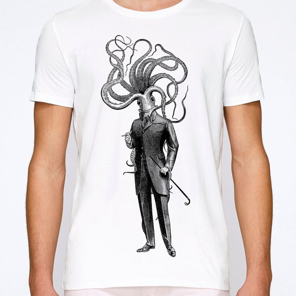 Octopusman t-shirt, White mens tee White tshirt, Octopus tshirt, Surreal Men's Tshirt, graphic mens tee, Organic cotton T-shirt, mens tee