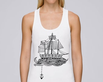 Ship white tank top, Navy blue tank top, nautical tank, women graphic tank, pirate tanktop, women's tank-top, anchor graphic,  Gift for her