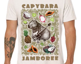 Capybara rock t-shirt. Vintage white mens tee. Tropical party animal tshirt Men's T Shirt graphic tee Organic cotton. mens tee. Men's tee.