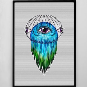 Meduza. Niebieska broda. Oczy. Surrealistyczne. Życie morskie. Wydruk cyfrowy. Wydruk artystyczny. Sztuka ścienna. Plakat. Ilustracja. Dekoracja ścienna. Sztuka do druku.