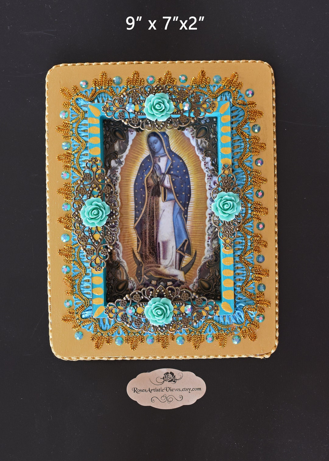 Our Lady of Guadalupe in Teal and Gold Wall Mounted Wooden - Etsy