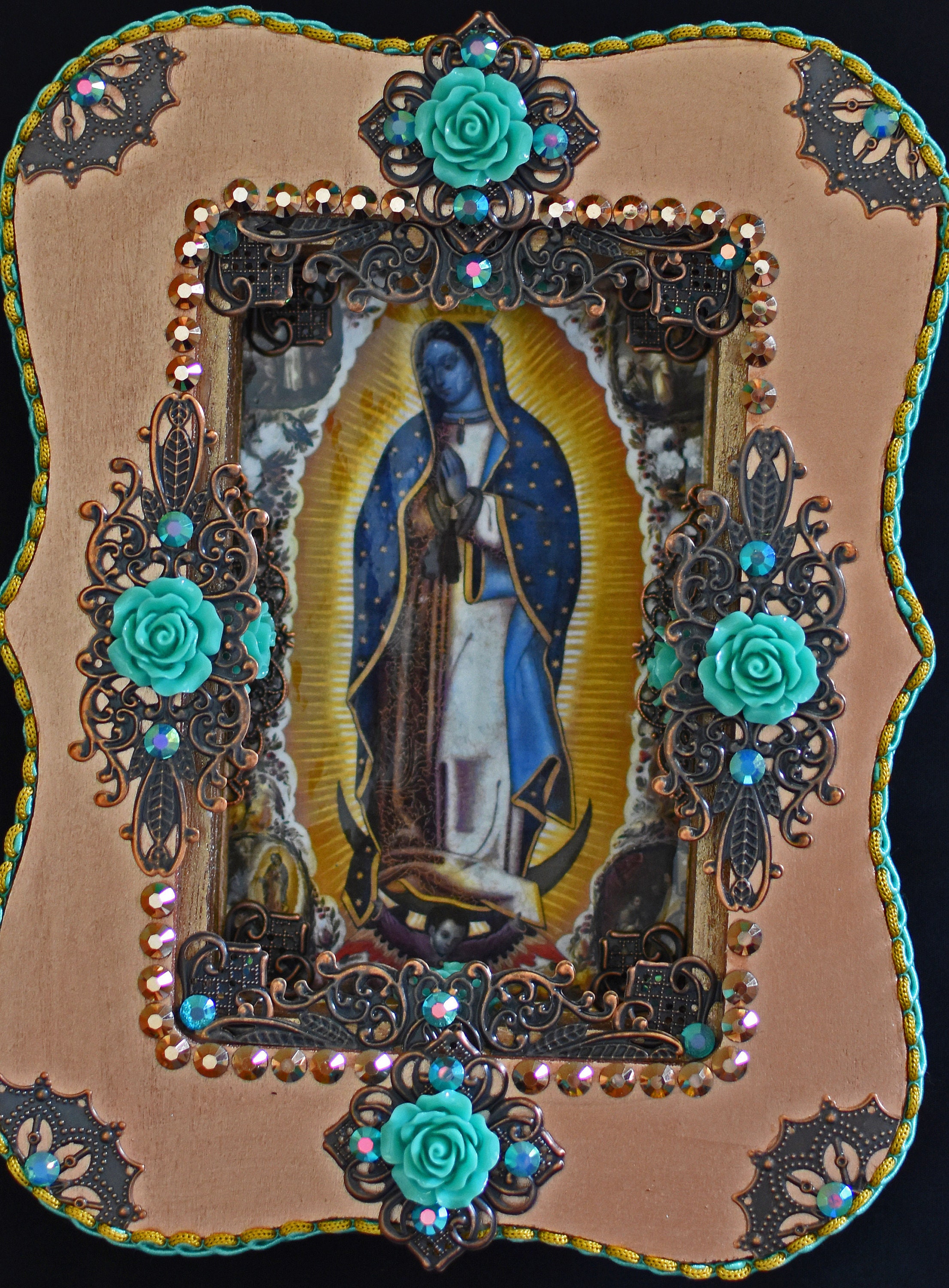 Our Lady Of Guadalupe In Teal And Rose Gold Wall Wooden Etsy