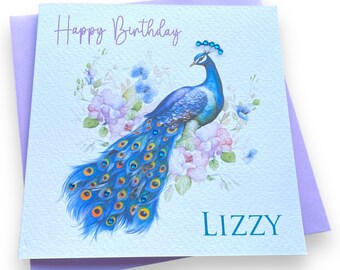 Peacock design Birthday card - personalised - any wording