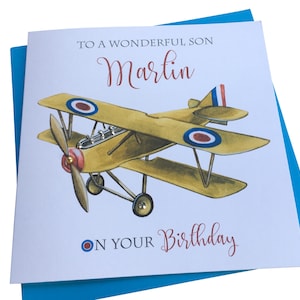 Personalised Handmade Vintage Bi-plane Birthday Card- dad-uncle-brother-nephew-friend-grandson-son etc any wording