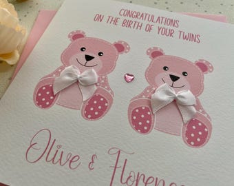 Handmade Personalised New Baby Twins Card - Twin Girls Congratulations Card