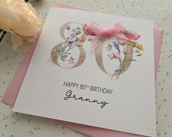 Handmade Personalised 80th Birthday Card , For her, Granny, Nanny, Mother,Grandma,Auntie, Friend, Nanny, Sister  etc