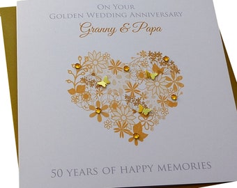 Personalised Handmade Gold- 50th Wedding Anniversary Heart Card