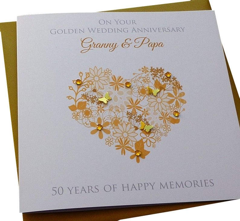 Personalised Handmade Gold 50th Wedding Anniversary Heart Card image 1
