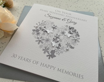 Personalised Handmade Pearl - 30th Wedding Anniversary Heart Card