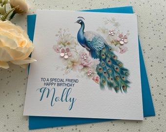 Peacock design Birthday card - personalised - any wording
