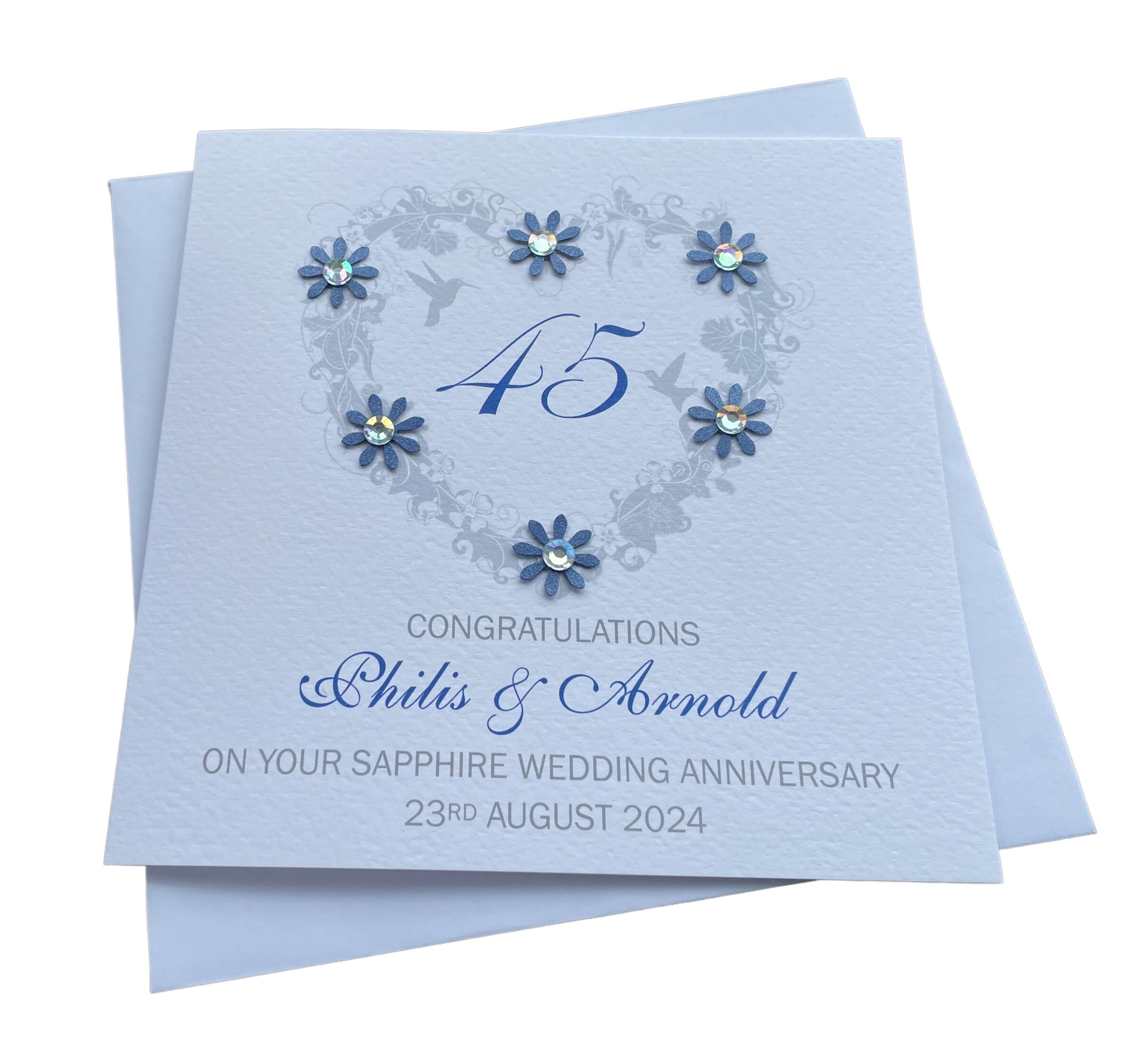 ChrissieCreatesCards Personalised 45th Sapphire Wedding Anniversary Card – Handmade, UK