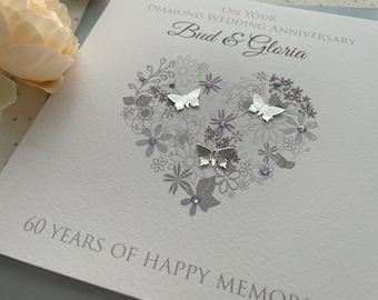 Personalised Handmade Diamond 60th Wedding Anniversary Heart Card