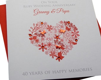 Personalised Handmade Ruby-40th Wedding Anniversary Heart Card